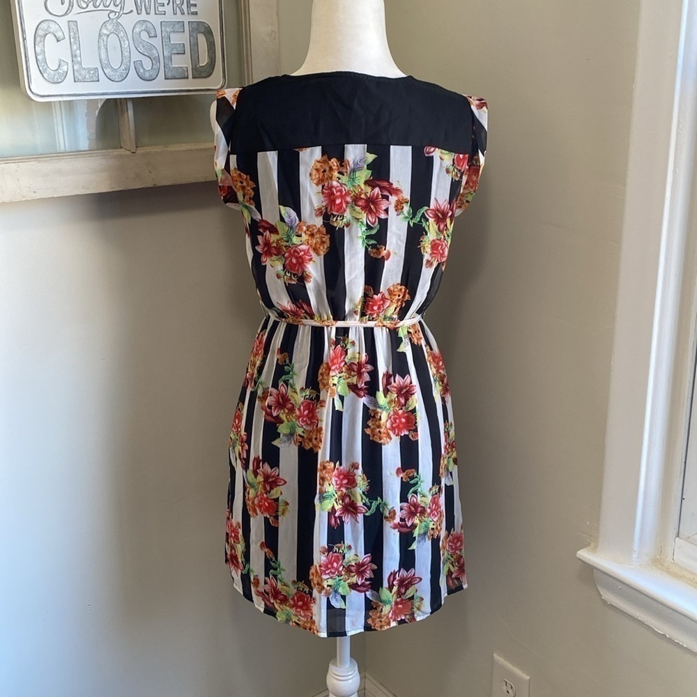 TULLE Floral Stripes Chiffon Tie Waist Dress Black White Red Green Orange - Picture 7 of 10